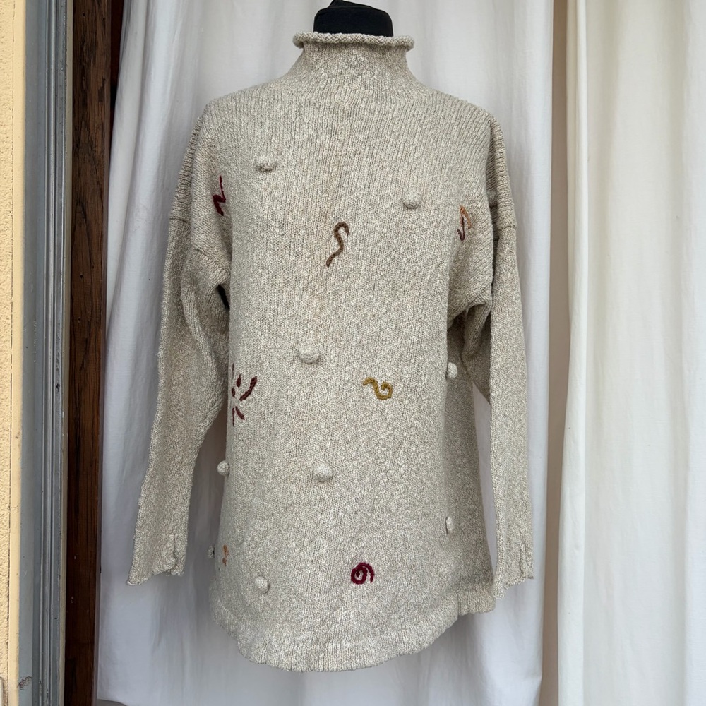 Vintage Blarney Embroidered Cotton Knit Turtleneck Sweater, Boho Cottagecore